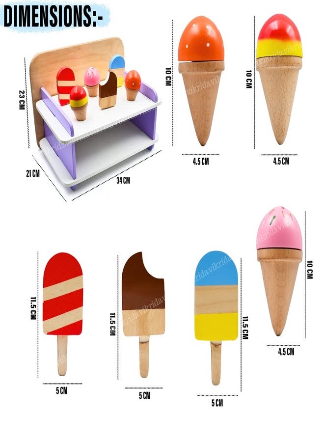 VikriDA Wooden Serve Ice Cream Counter Set for Kids, Play Ice Cream Cart Toy for Toddlers, Pretend Play Food Toys Accessories - Image 2